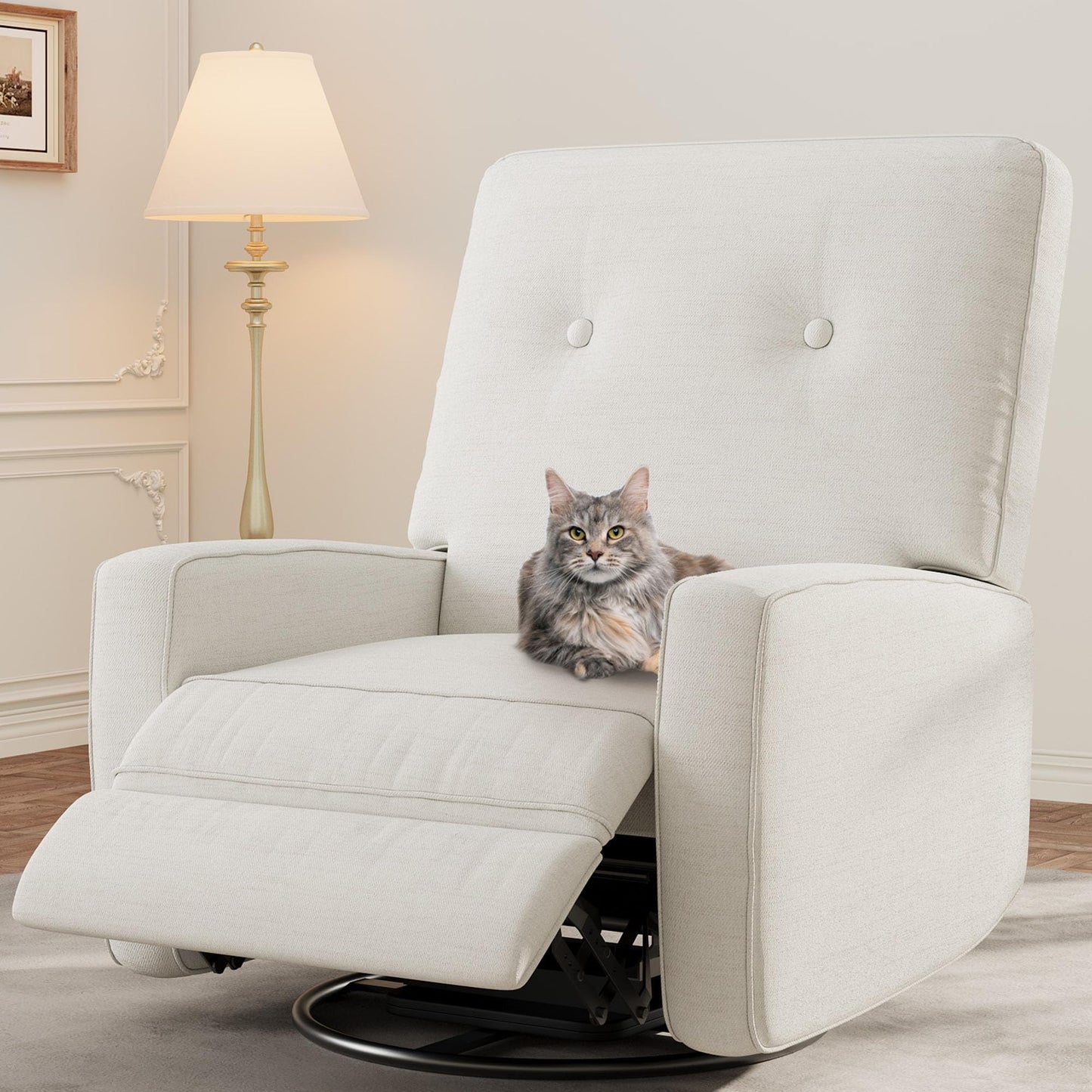 Garvee Nursery Recliner Chair, 360° Swivel Rocking Glider Chair for Adults with Adjustable Backrest & Footrest, Cozy Linen Upholstered Armchair for Living Rooms, Bedrooms, Apartments, Beige