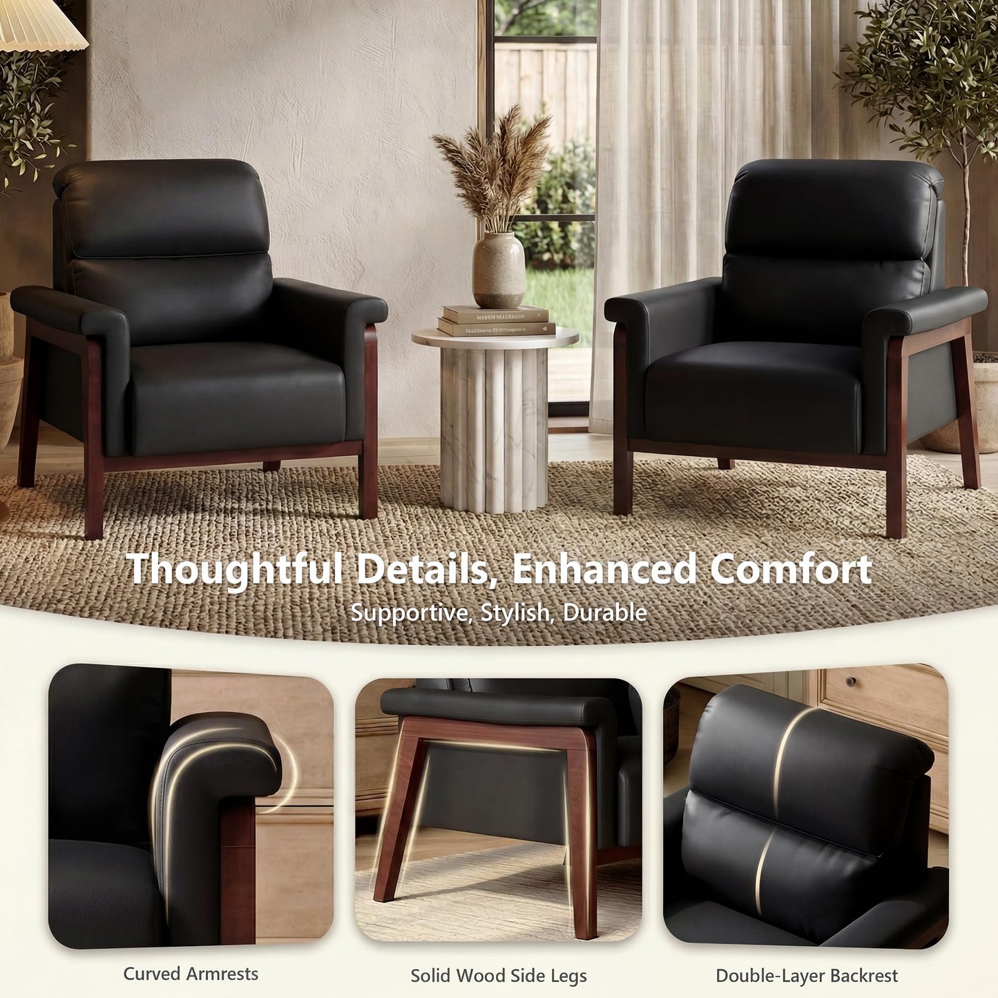 STHOUYN Oversized Leather Accent Chair, Mid Century Modern Office Arm Chair with Solid Wood Legs & High Backrest, Comfy Upholstered Side Sofa Chair for Living Room, Waiting Room, Bedroom (2, Black)