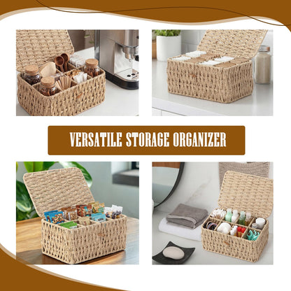 Sieral Tea Bag Organizer/Sugar Packet Holder with Lid 8 Compartment Paper Rope Woven Tea Storage Box for Chest Coffee Pill Condiment Organizer Wicker Divider Container for Countertop Drawer Shelf