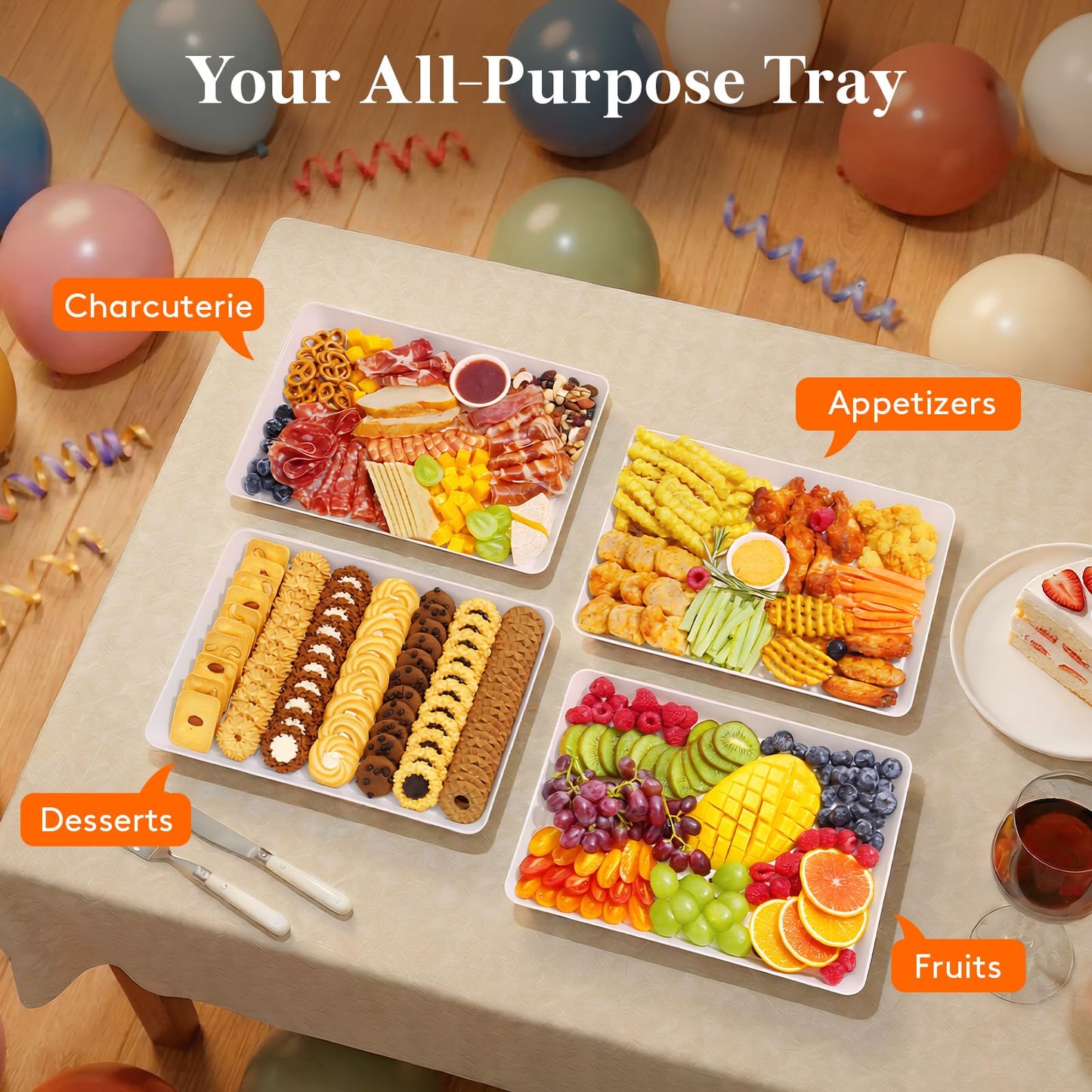 Lifewit Extra Large Plastic Serving Trays, 16" x 12" Reusable Food Serving Platters, White Catering Trays for Parties, Buffet, Snacks, Fruit, Appetizers & Charcuterie, BPA-Free, Set of 4