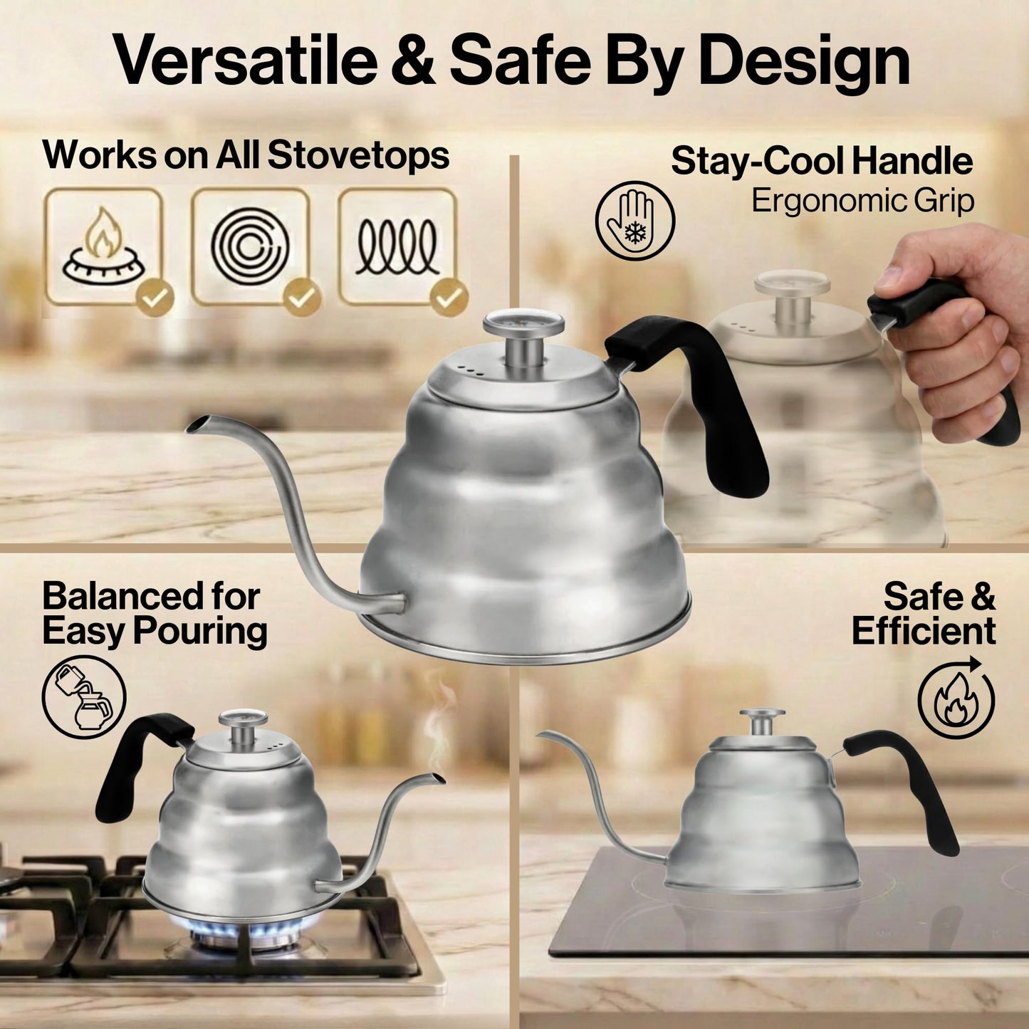 Barista Warrior Gooseneck Kettle with Thermometer - 1L Pour Over Coffee & Tea Kettle, 18/8 Stainless Steel Gooseneck Kettle Pot, Precision Pour Drip Spout, Suitable for All-Stoves (34 fl oz)