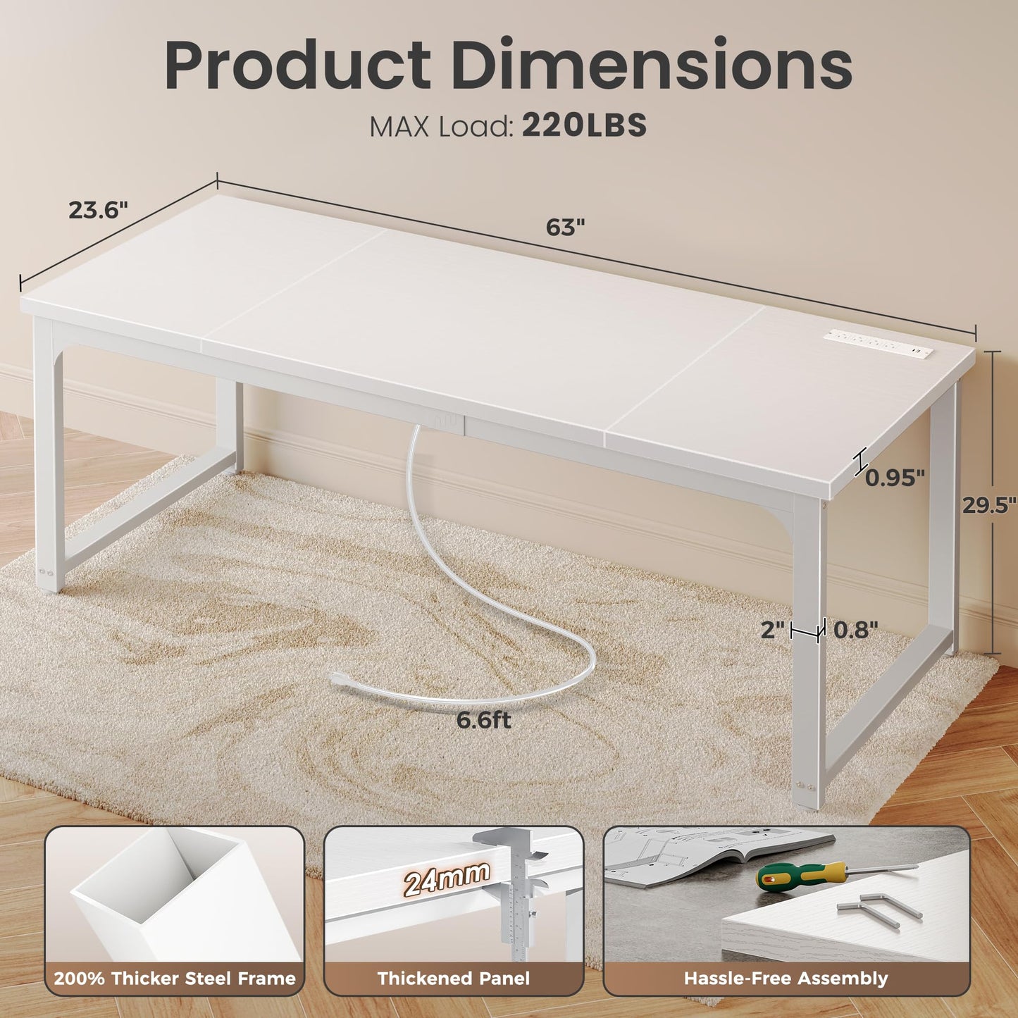 Huuger 63 x 24 inch Desk with Power Outlets & USB-C, Deeper & Thicker Desktop, Robust Metal Tubes, Computer Desk, Heavy Duty Office Desk, Work Gaming Desk, for Home Office, White