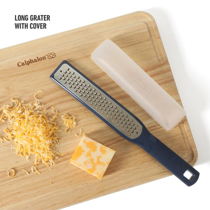 Calphalon Prime Stainless Steel Handheld Grater Lemon Zester W/Cover & Rubber Handle - Navy Blue