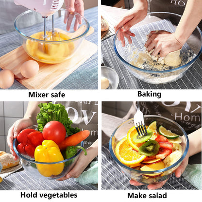 Homwin Glass Mixing Bowl Set of 3 for Kitchen, Baking, Prepping, Serving, Cooking 1.1QT, 2.5QT, 4.2QT Large Salad Bowl Set, High Brosilicate Bowl Set, Stackable, Non-toxic, Microwavable, Great Gift