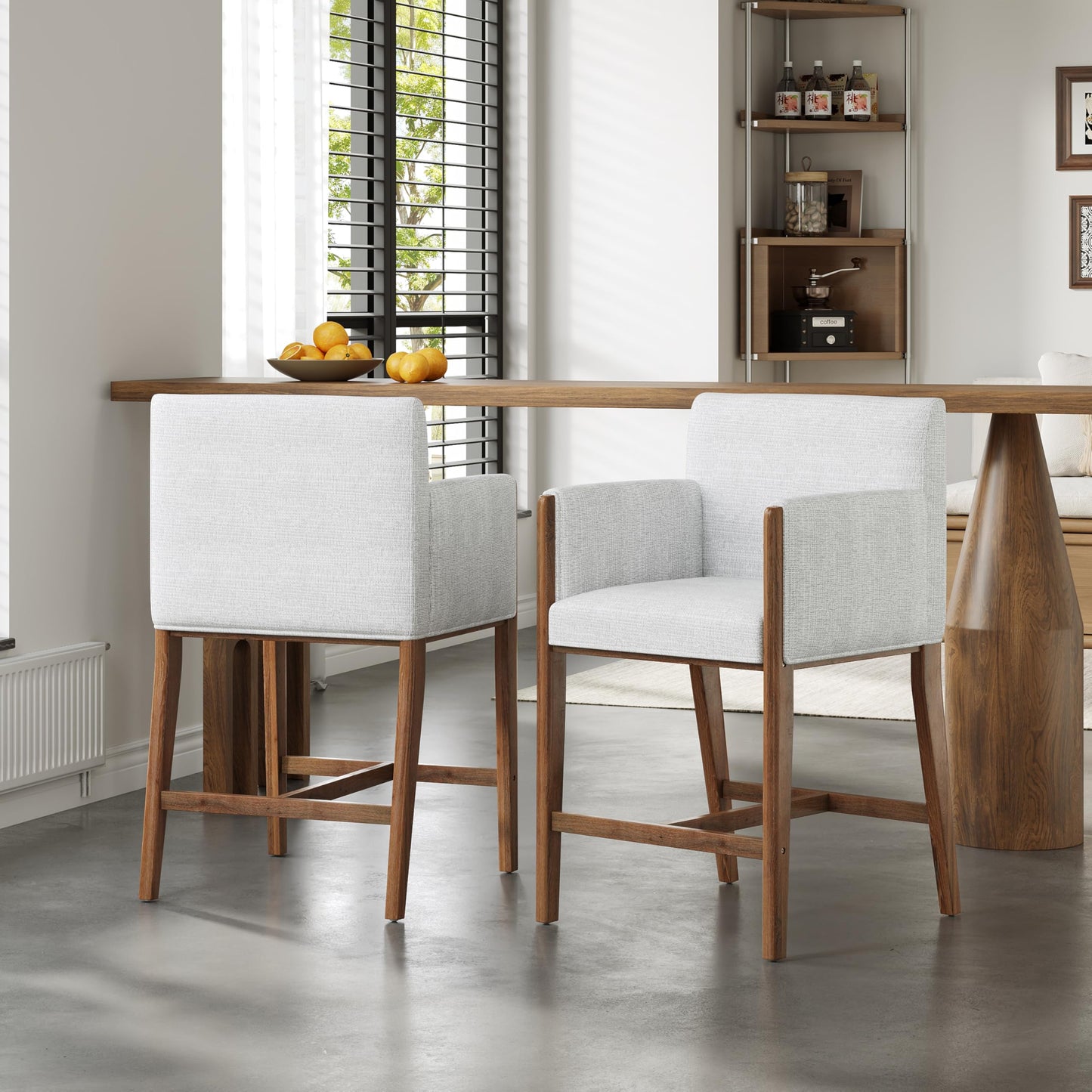 Merax Fabric Upholstered Solid Wood Counter Stools Set of 2, 24" Seat Height Counter Bar Stools with Backs & Arms, Modern Rustic Barstools for Kitchen Island Dining Room, Walnut