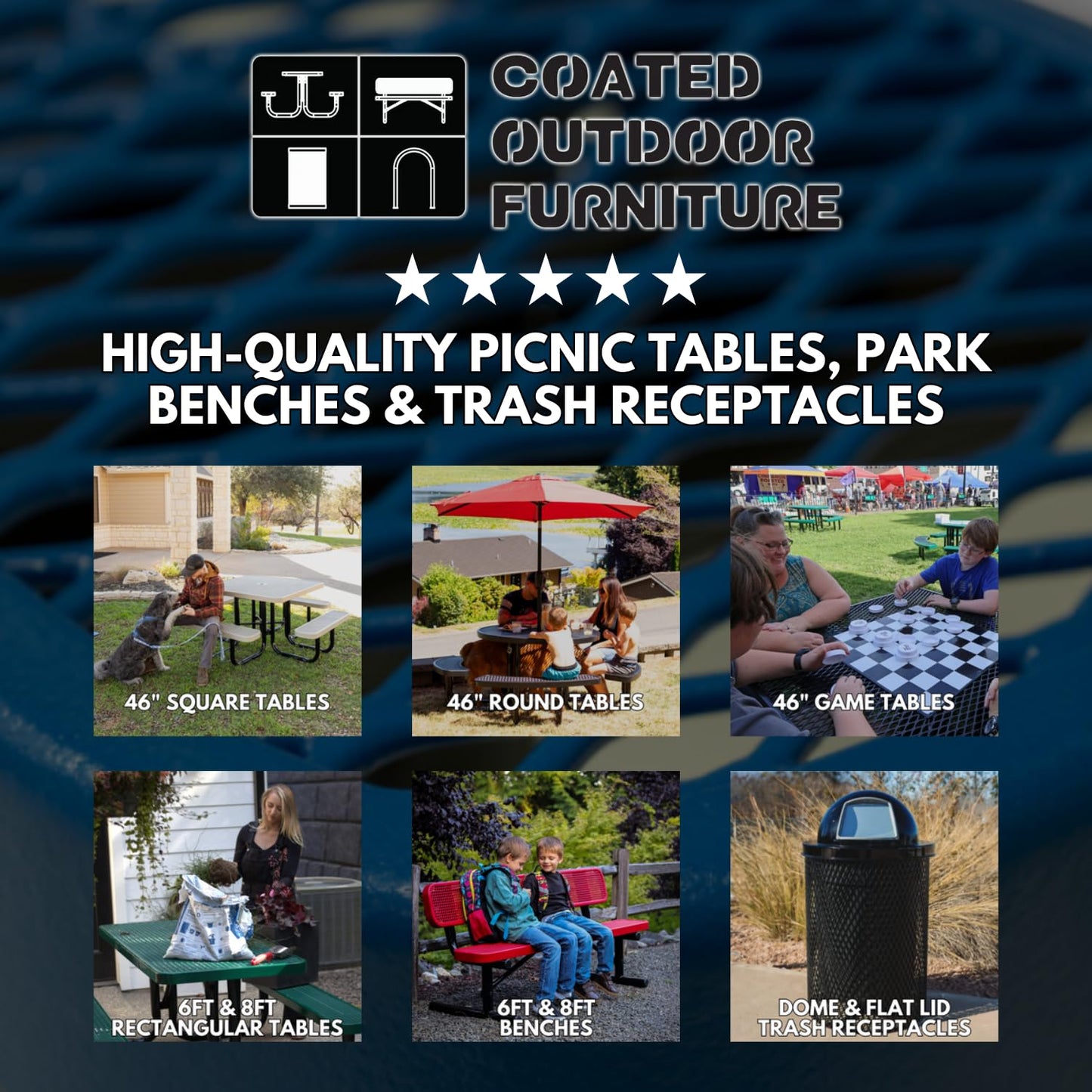 COATEDOUTDOORFURNITURE Heavy-Duty Portable Outdoor Picnic Table, Thermoplastic Coated Expanded Metal Commercial-Grade Patio Furniture Made in America (6ft Rectangular, Black)