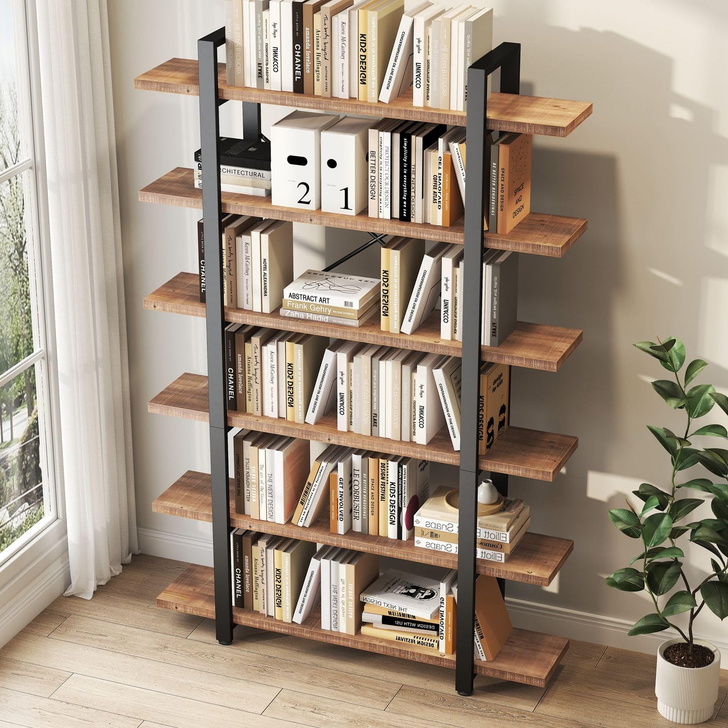 HSH 6 Tier Solid Wood Bookshelf, Industrial Wood and Metal Tall Large Etagere Bookcase and Storage Shelves, Rustic Open Natural Real Wooden Book Shelf for Bedroom Living Room, Distressed Brown
