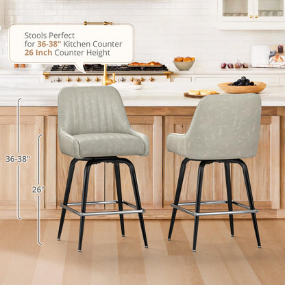 LUE BONA Counter Height Bar Stools Set of 3, 26" H Modern Barstools with Backs, Metal Frames and LightGrey Faux Leather Upholstered Accent Bar Stools for Kitchen Island