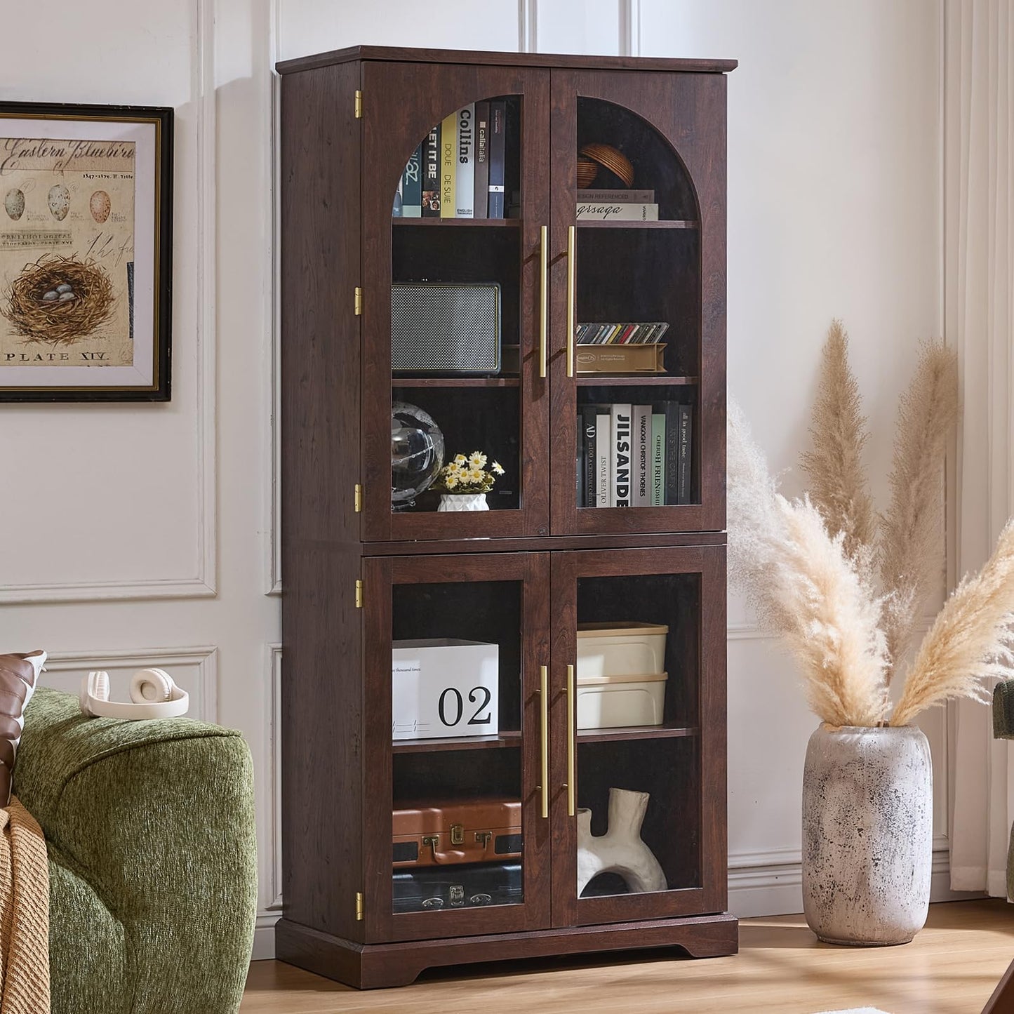 Joaxswe 72" Tall Bookshelf with 4 Curved Glass Doors, Farmhouse Bookcase with 3-Tier Adjustable Shelves, Modern Living Room Display Cabinet, Large Storage Cabinet for Home Office,Dining Room, Walnut