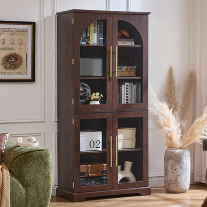 Joaxswe 72" Tall Bookshelf with 4 Curved Glass Doors, Farmhouse Bookcase with 3-Tier Adjustable Shelves, Modern Living Room Display Cabinet, Large Storage Cabinet for Home Office,Dining Room, Walnut
