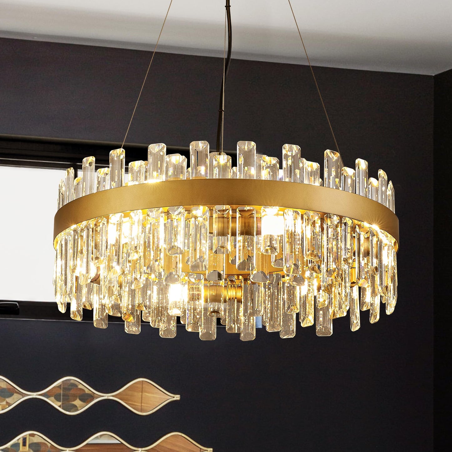 lighceac 21.7" Gold Modern Crystal Chandelier Light Fixtures Luxury 2 Rings Crystal Chandeliers for Dining Room 12-Light Round Hanging Pendant Lighting for Living Room Kitchen Island Entryway Bedroom