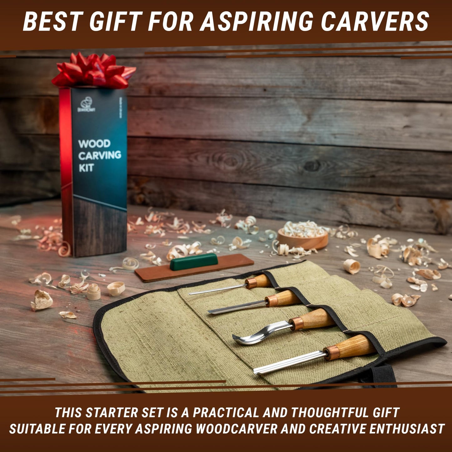 BeaverCraft Wood Carving Gouges Chisels Kit SC01 - Wood Spoon Carving Chisel Set - Whittling Tools Includes Radial Gouges, Flat Chisel, Bent Gouge, Leather Strop & Rolling Pouch