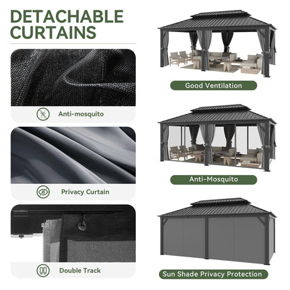 Aoxun 12' X 20' Hardtop Gazebo, Galvanized Steel Double Top, Metal Gazebo with Curtains and Netting, Permanent Canopy Pavilion for Wedding, Party, Outdoor Dining