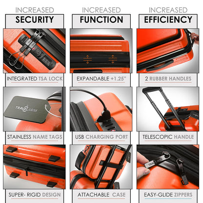 TRAVELARIM Orange Hardshell Luggage Sets 4 Piece, Durable Suitcase Set, Travel Luggage Set with Integrated TSA Lock, 360° Spinner Wheels, Expandable Medium and Large Checked Suitcase, 20/24/28 Inch