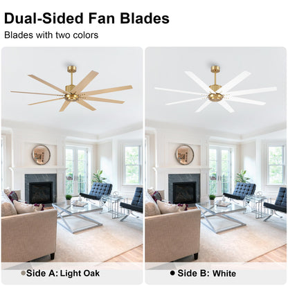 WINGBO 64" Ceiling Fan without Light, Modern Large Ceiling Fan with Remote Control, 6-Speed Reversible Noiseless DC Motor, Gold and White/Oak Blades for Living Room, Bedroom & Covered Outdoor