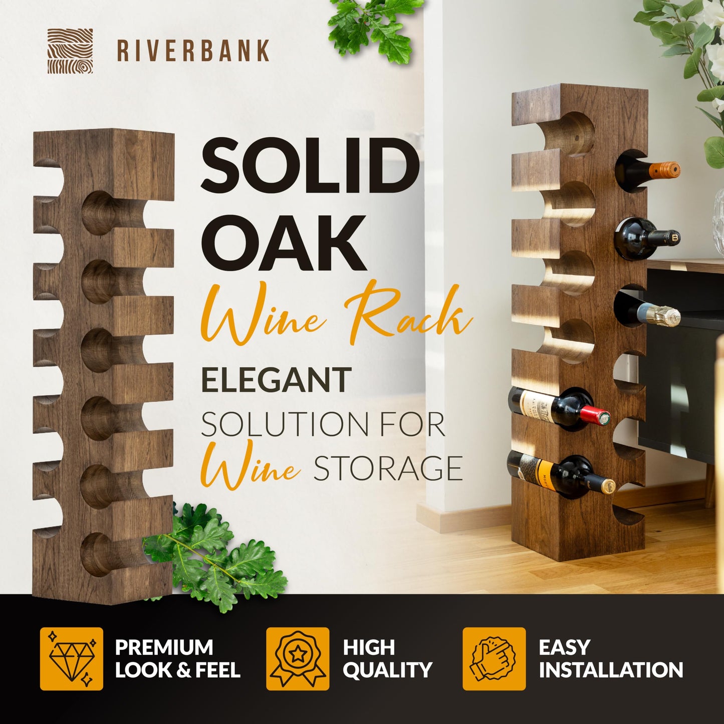 Riverbank Dark Oak Wine Rack, Elegant Free Standing 12-Bottle Holder, Made of Solid Wood, Wooden Wine Stand, Stylish & Luxurious Home Décor (Dark Oak, 12-Bottles)