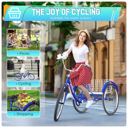 MarKnig Single Speed Adult Tricycle, 3 Wheel Bikes with Large Basket, Cruiser Bike for Women/Men/Seniors, Adult Trike for Outdoor/Shopping/Recreation/Picnic(26Inch Blue)