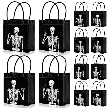 Whaline 12 Pcs Halloween Skeleton PVC Gift Bags Black White Skeleton Party Favor Bags with Handles Day of the Dead Reusable Clear Treat Tote Bag for Trick or Treat Holiday Birthday Party Supplies