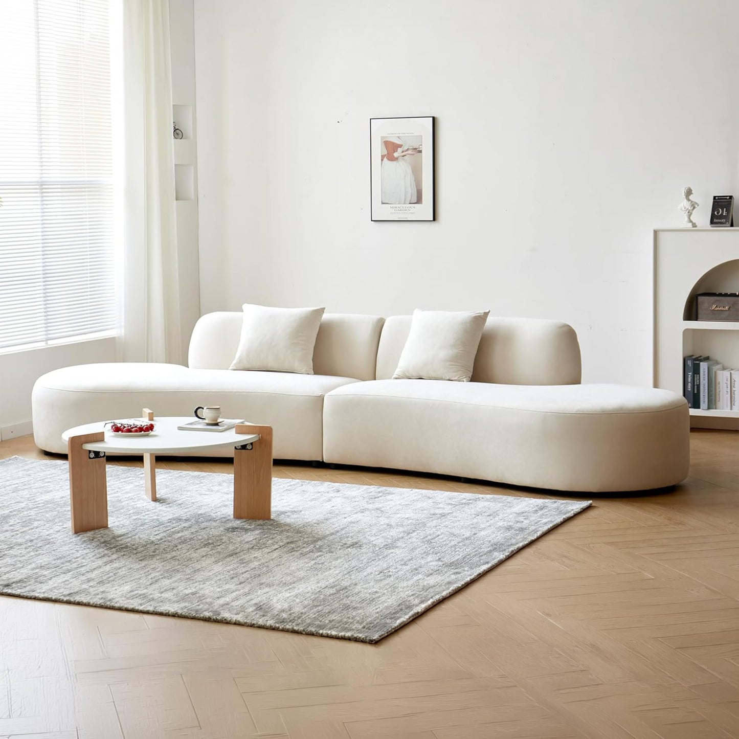 Container Furniture Direct 132" Curved Sofa with Throw Pillows, 6 Seater Luxury Velvet Couch with Half Moon Design and High-Density Foam, Ideal for Modern Living Room, Office & Apartment, Ivory