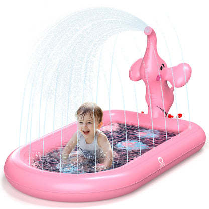 QPAU Splash Pads for Toddlers 1-3, Pink Elephant Toy Splash Pad for Kids, Outdoor Play Mat for Babies, Inflatable Sprinkler Pool for Birthday Girl Gifts 1 Year Old Girl