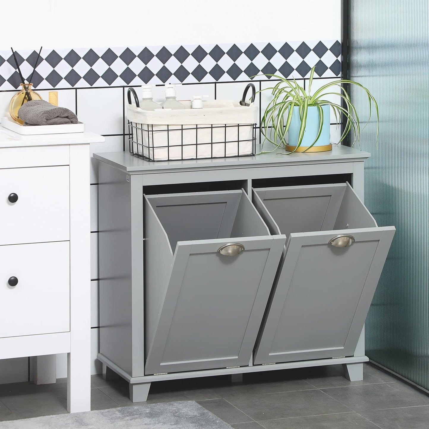 agnixnaf Laundry Sorter Cabinet,Bathroom Storage Organizer with Two-Compartment Tilt-Out Hamper,Gray