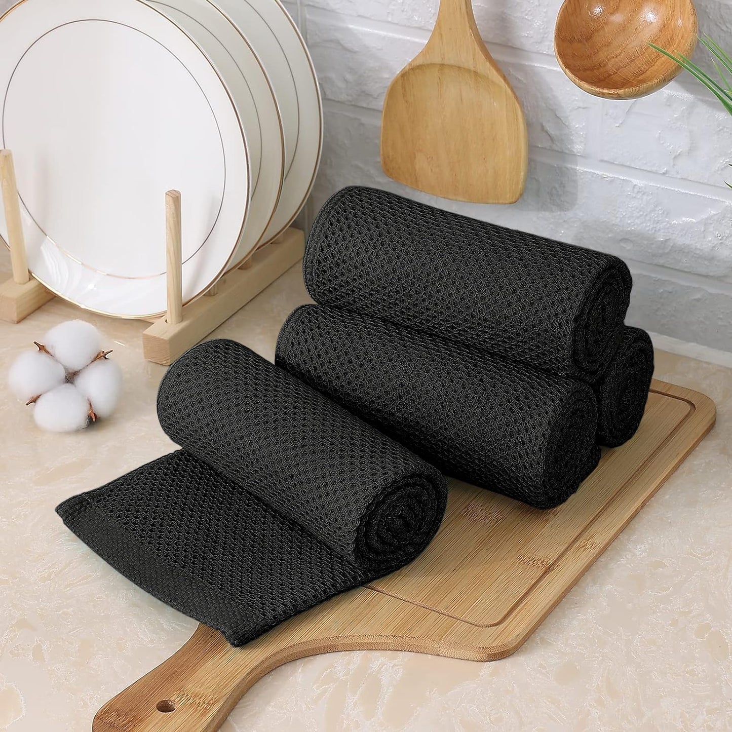 Kitinjoy 100% Cotton Kitchen Towels and Dishcloths Set, 8 Pack-13" x 28" and 12" x 12" Waffle Weave Dish Towels, Ultra Soft Absorbent Quick Drying Dish Rags, Black