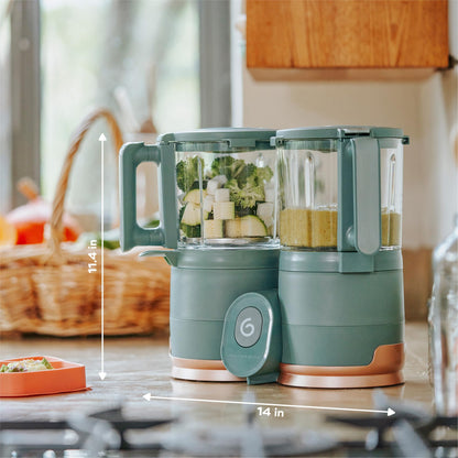 Babymoov Duo Meal Glass Food Maker - Baby Food Processor with Built-in Glass Steamer, Stainless Steel Basket, and Glass Blender (Over 6 Cup Capacity), Dark green