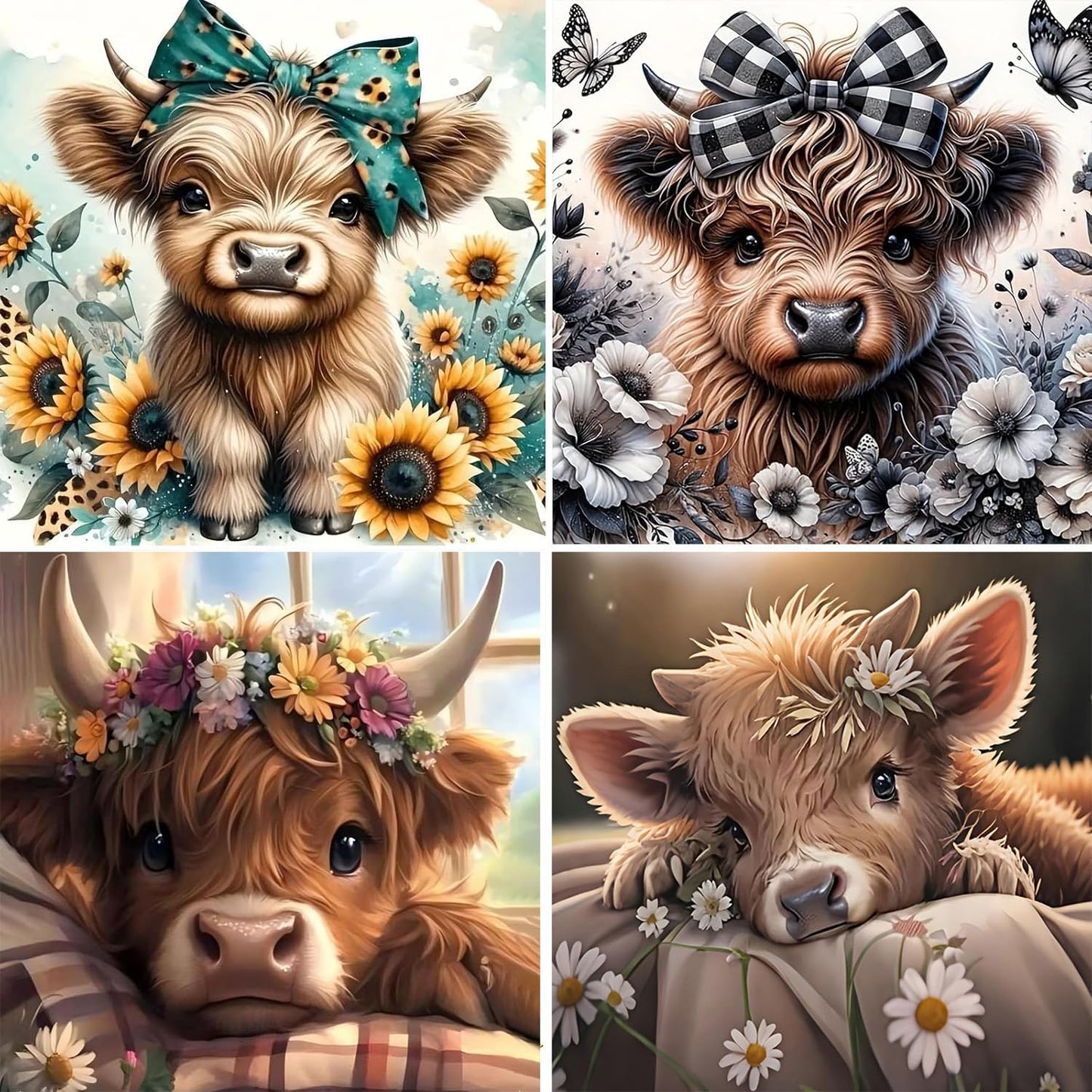 mrpwnle 4 Pack Cow Diamond Art Kits for Adults - DIY Cute Animals Diamond Painting Kits for Adults Beginner, Simple 5D Full Drill Diamond Art Dots Gem Art Kit for Home Wall Decor 12x12inch