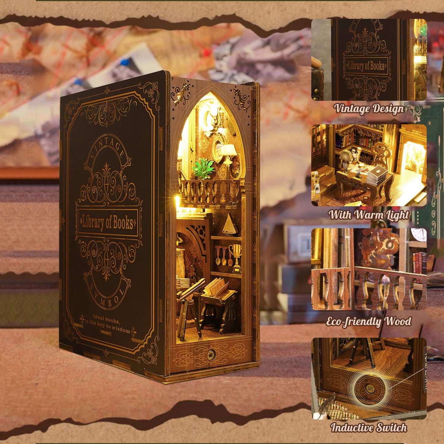 Book Nook Kit, MOJINO DIY Miniature 3D Puzzle Wooden Bookends Doll House with LED Lights for Bookshelf Decor, Tiny Miniverse Model House Art Craft for Adults Gril Halloween Christmas Decoration Gift