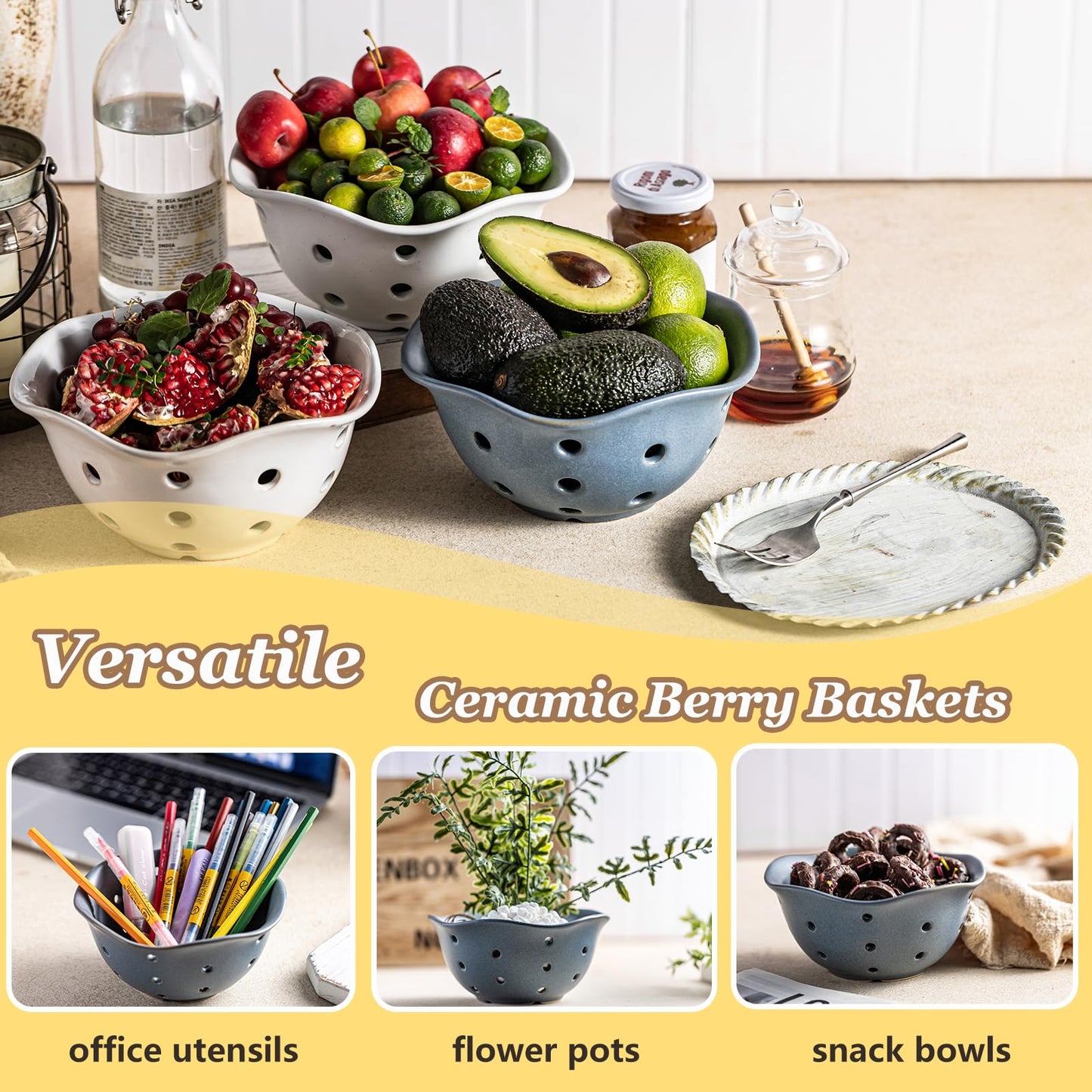 Gomakren Ceramic Berry Basket Set of 2, Elegant Fruit Bowl with Holes for Kitchen Counter, 6 Inch, Berries, Strawberry, Grape, Cherry, Floral Shape, Slate Blue, Dishwasher Safe