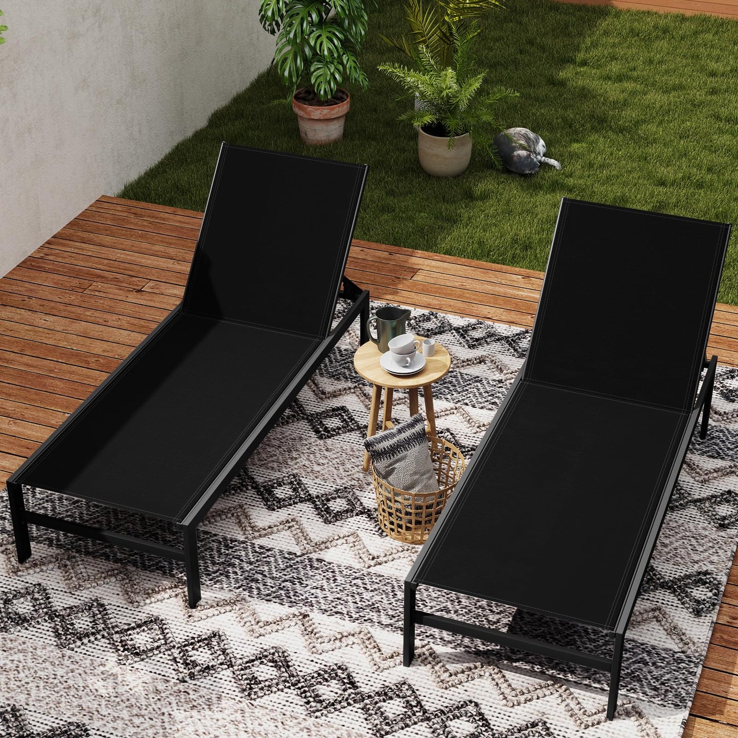 HAPPYGRILL Aluminum Chaise Lounge Chair, Heavy-Duty Patio Recliner W/ 6-Level Backrest & Breathable Fabric, Outdoor Lightweight Reclining Lounge Chair for Backyard, Poolside, Porch (2, Black)