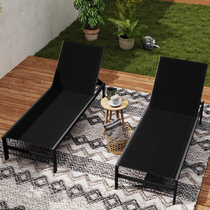 HAPPYGRILL Aluminum Chaise Lounge Chair, Heavy-Duty Patio Recliner W/ 6-Level Backrest & Breathable Fabric, Outdoor Lightweight Reclining Lounge Chair for Backyard, Poolside, Porch (2, Black)