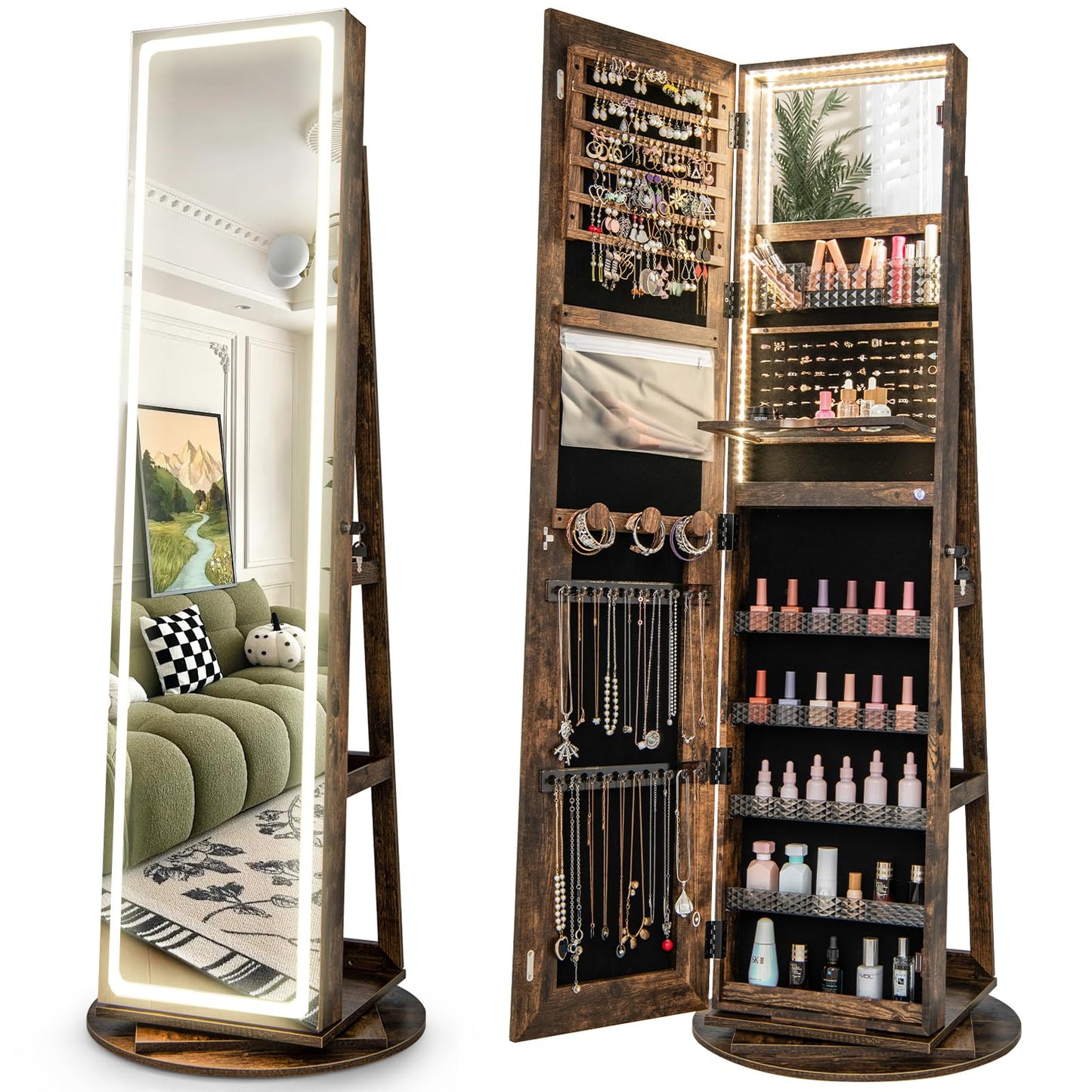 CHARMAID 360° Rotating Jewelry Armoire with LED Lighted Full Length Mirror & Built-in Vanity Mirror, Lockable Standing Jewelry Cabinet with Lights, Large Storage Organizer for Jewelry (Rustic Brown)