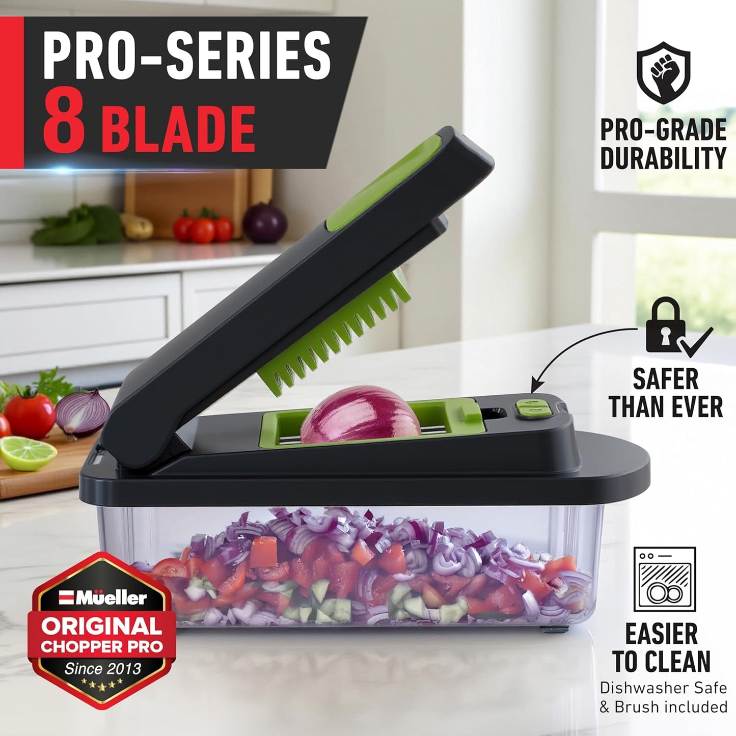 Mueller Pro-Series 10-in-1 Vegetable Chopper - 8 Blades for Easy Dicing, Slicing & Mincing | Gray/Green