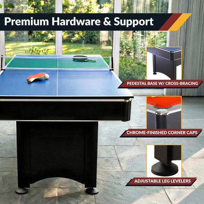 Hathaway Maverick 7 Foot Pool Table with Table Tennis Top – With Accessories for Both Games – Space-Saving Ping Pong and Pool Table Combo for Families – Matte Black Finish, Red Felt