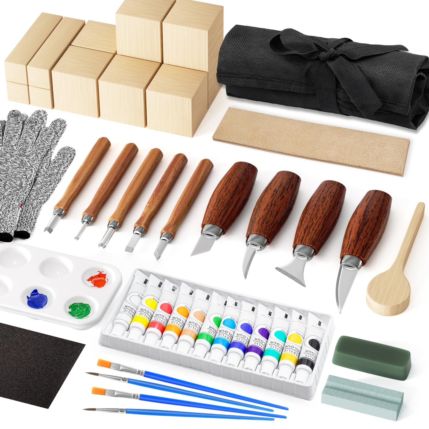 Wood Carving Kit, Wood Carving Tools Set with Carving Knives Detail Knives Basswood Blocks Gloves Polishing Compound Coloring Set, Wood Whittling Kit for Beginners DIY Hobbies for Adults