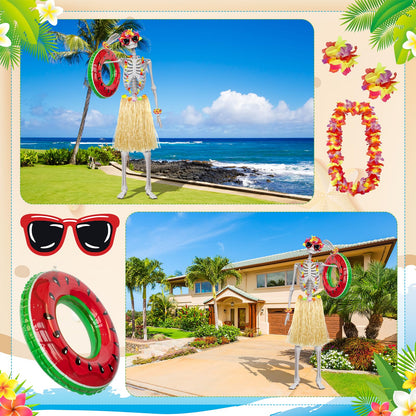 Jiytivity 8 Pcs 12 Ft Skeleton Summer Costume Set Hawaiian Skeleton Clothes Accessories Include Inflatable Watermelon Swimming Ring Hawaiian Leis Skirt Bracelet Glasses for Luau Garden Lawn Decor
