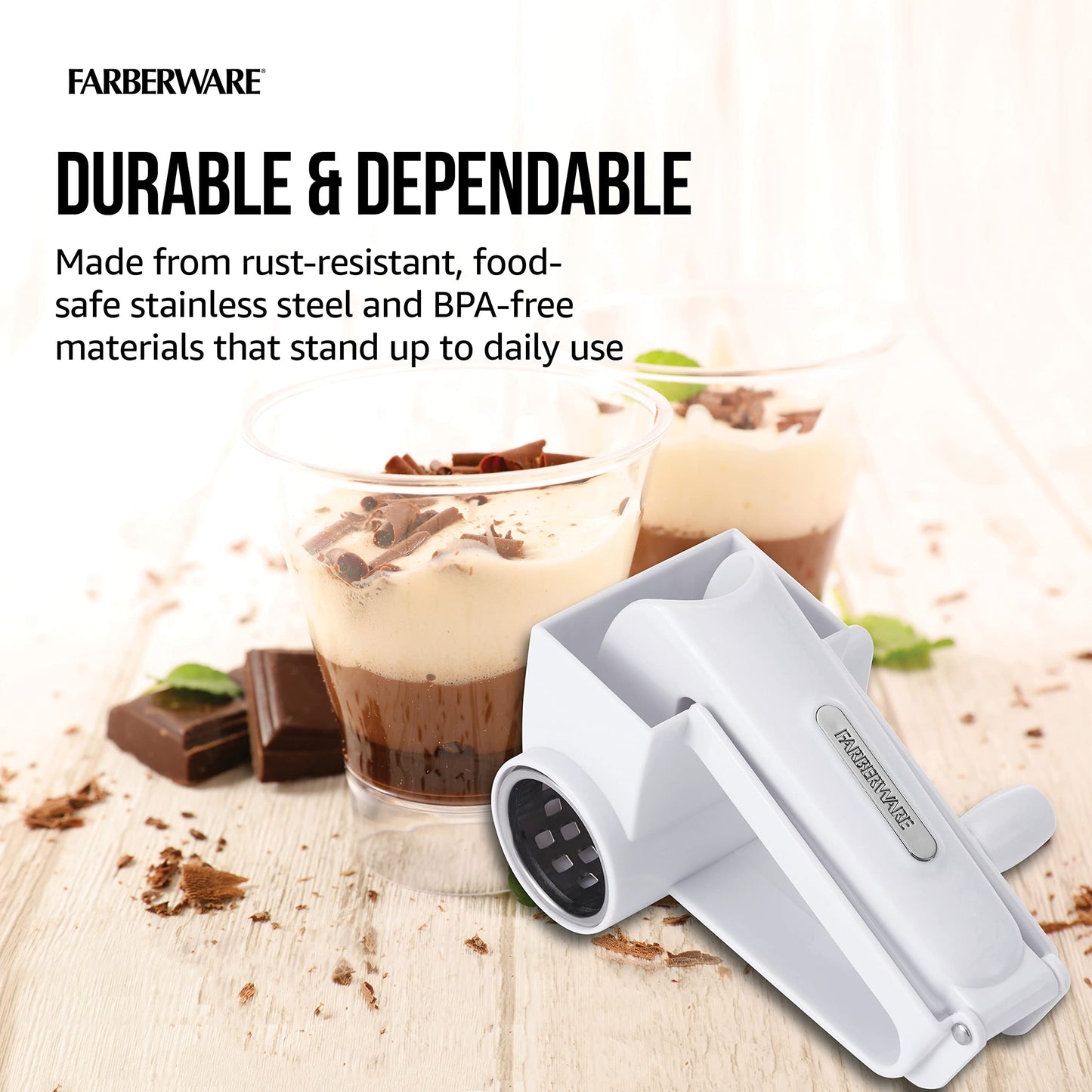 Farberware Professional Rotary Grater with Fine Etched Stainless Steel Drum, 4.33x5.51x3.54 Inch, White