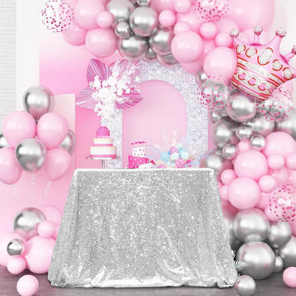 PartyDelight Silver Sequin Tablecloth Overlay 50 X 50 Inch for Wedding, Party, Birthday, Bridal, Baby Shower Decorations
