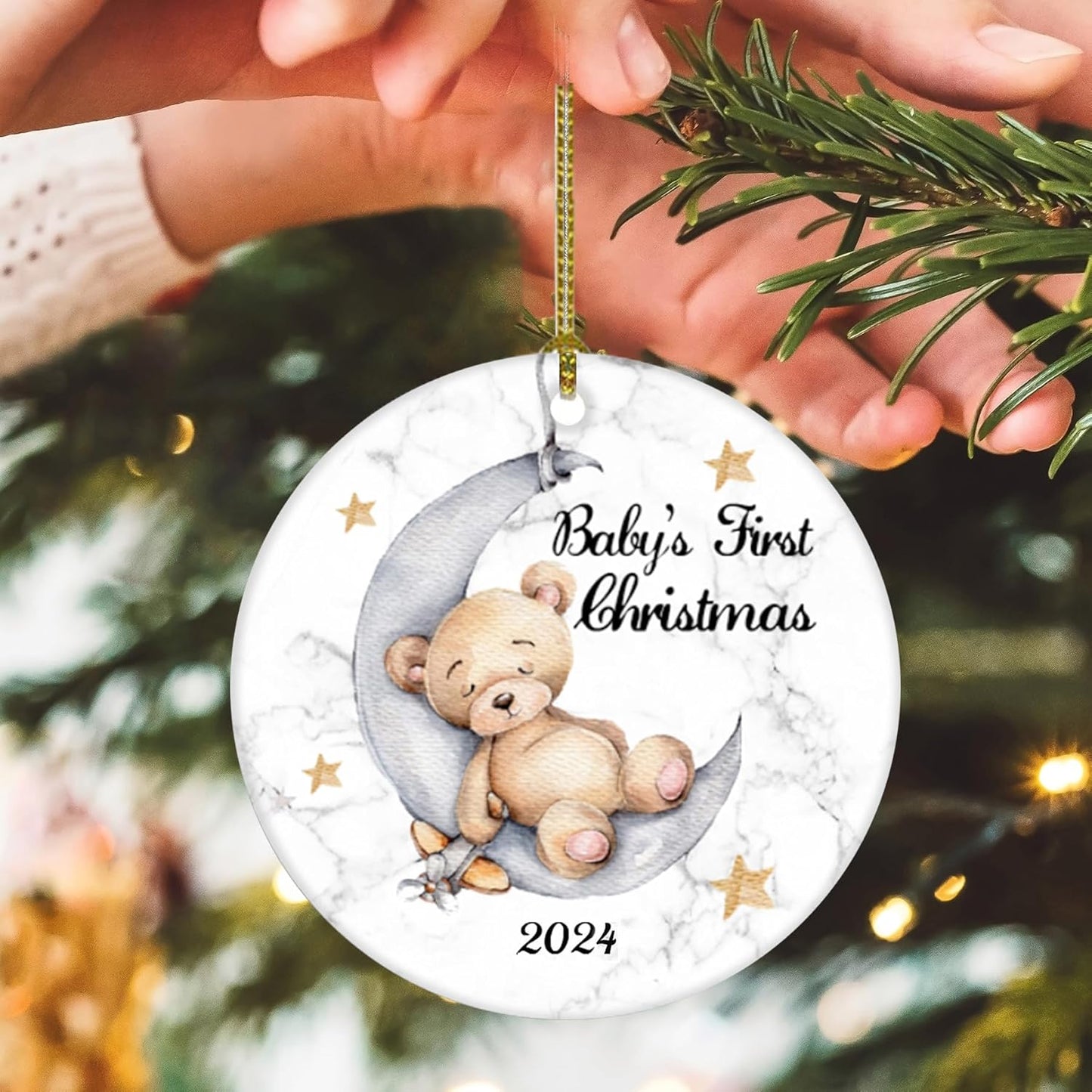 Baby's First Christmas 2025 Boy Bear on The Moon Ornament, Christmas Wedding Decoration, Newlywed 2025 (Yellow and
