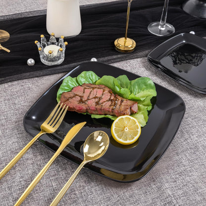 PULOTE 100 PCS Black Square Plastic Plates Disposable - Include 50 Each (10" Dinner & 7.25" Dessert) Plates - Ideal for Party & Graduation