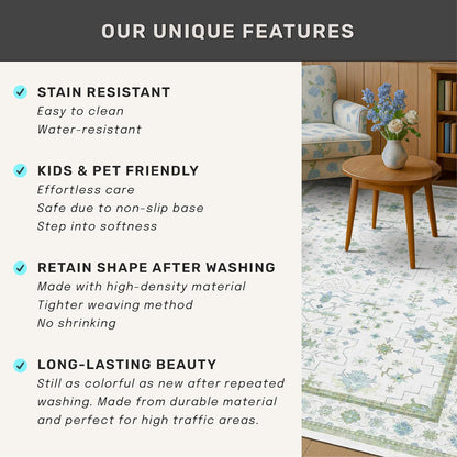 Oushak Bathroom Rug - Cream Green & Blue Floral Design, Washable Low Pile, Non-Slip Rubber Backing, Small Size