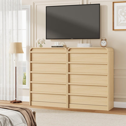Garvee 5 Drawer Dresser for Bedroom, 45" Tall Wooden Dressers with Curved Profile Design, Mid Century Chest of Drawers Closet Clothes Storage Organizer for Living Room, Entryway, Nursery, Natural