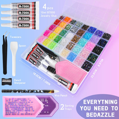 46000Pcs Resin Jelly Rhinestones for Bedazzling, 40 Colors 3mm Flatback Rhinestones with 4Pcs 10ml B7000 Jewelry Glue & Tools, Bedazzling Kit for Nail Art Crafting Book Makeup