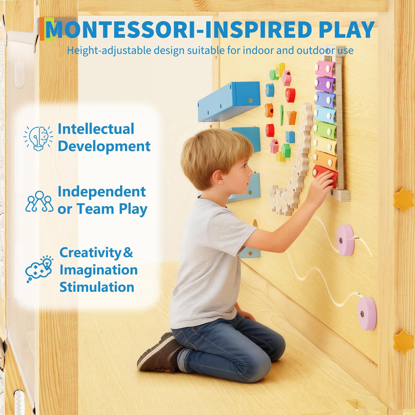 Garvee 9-in-1 Indoor Jungle Gym, Montessori Wooden Indoor Playground for Kids 2-8, Wooden Climbing Structure with Slide, Monkey Bars, Rope Ladder, Rock Wall, Climbing Net, Rings - Natural Wood Blue