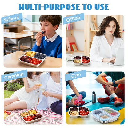 DOCMON Stainless Steel Snack Containers, 3 Compartments Reusable on and go Bento Box with Lids for Kids, Lunch Box Pre Meal Storage for School Office Outdoor Camping Travel - Blue