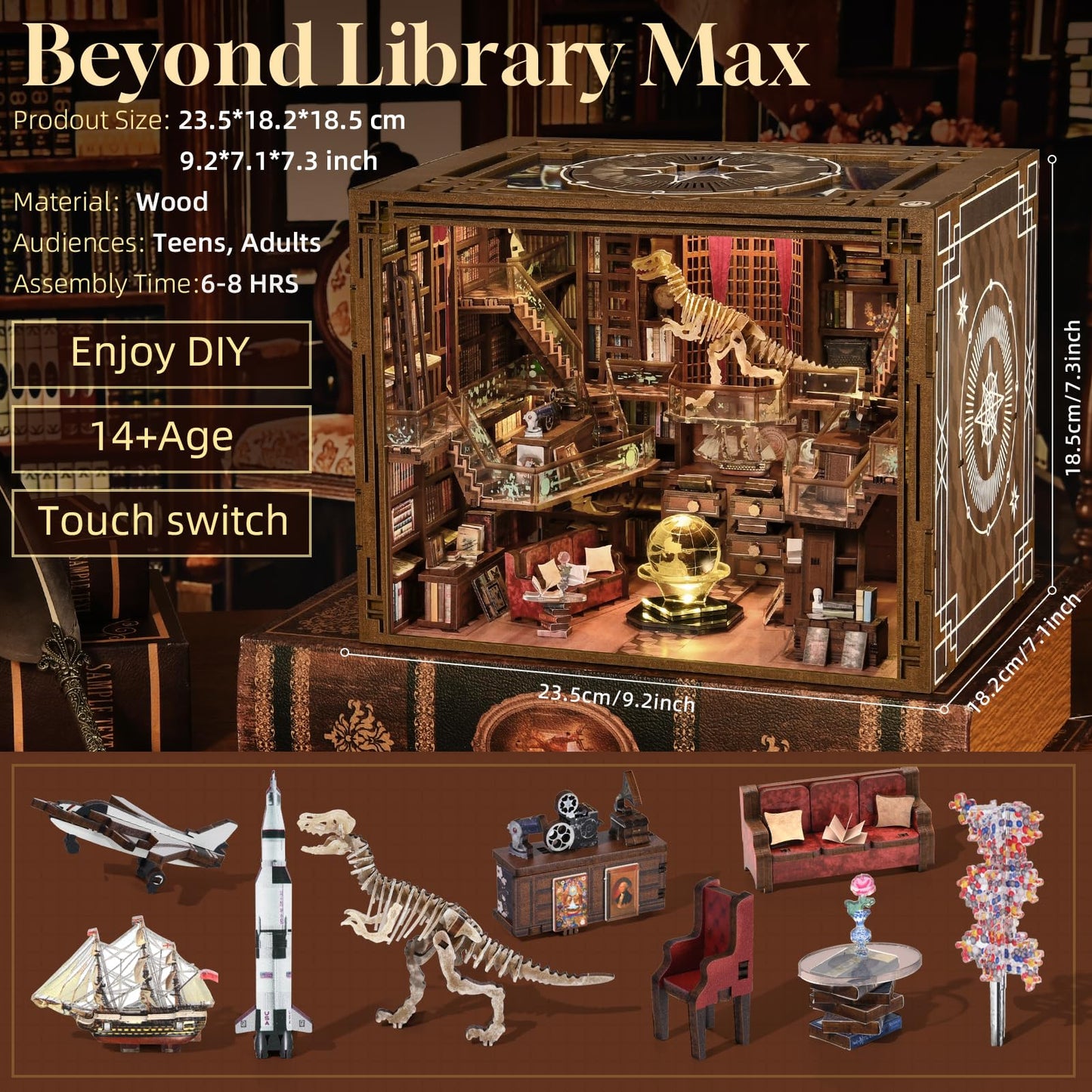 MiniCity Book Nook Kit, DIY Miniature Dollhouse Booknook Kit with Led Light and Dust Cover (Beyond Library Max)