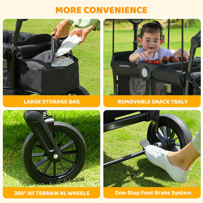 ELEMARA Stroller Wagon, 2 Seat Stroller for 2 Kids, Premium All Terrain Stroller for Kids w/Removable Canopy, Adjustable Push/Pull Handle, Large Storage Bag, Black