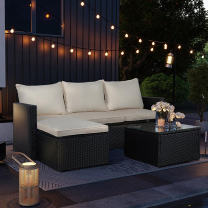 SUNLEI Patio Furniture Set with Detachable Soft Cushions, Outdoor PE Rattan Patio Conversation Sofa Set, 3-Piece Patio Sectional Sofa with Glass Coffee Table, Black Rattan/White