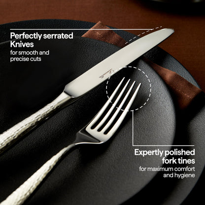 Luciella Ponza Flatware Set for 12, 65-Piece Stainless Steel Silverware Set with Serving Utensils, Timeless Hammered Design, Rust-Resistant, Mirror Polished & Dishwasher Safe, House Warming Gifts